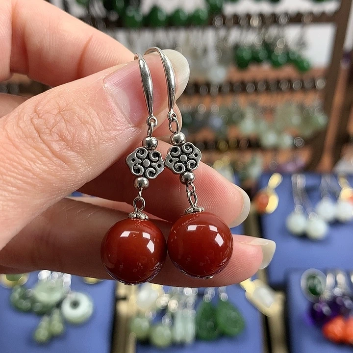 玛瑙/玉髓耳环银S925镶嵌12左右牛血红