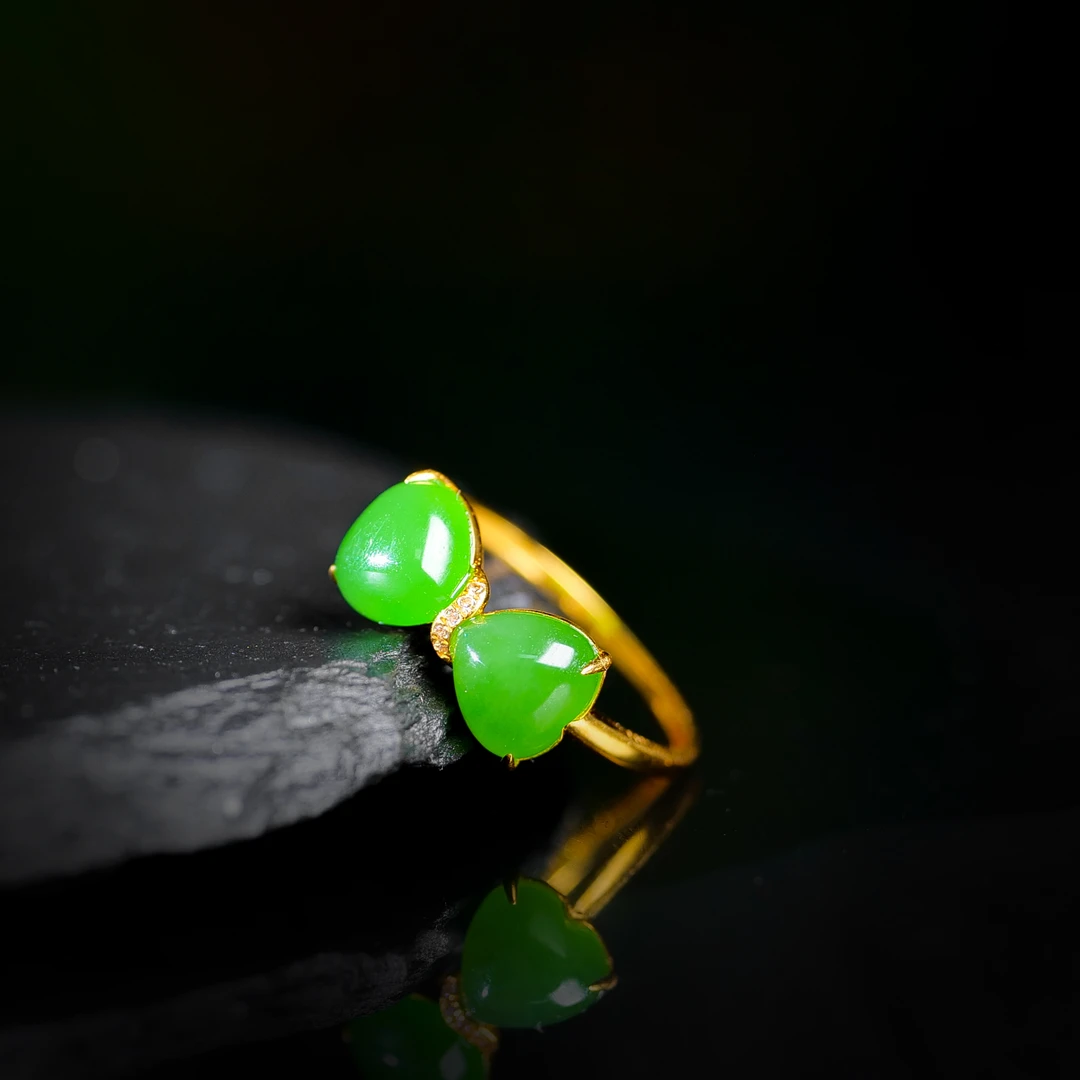 【小雨来了】18k金镶嵌和田玉碧玉戒指 爱心戒指 多样性发一件