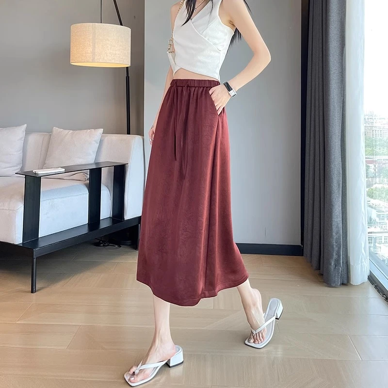 冰丝醋酸缎面半身裙女夏季薄款高腰显瘦宽松垂感休闲中长款a字裙