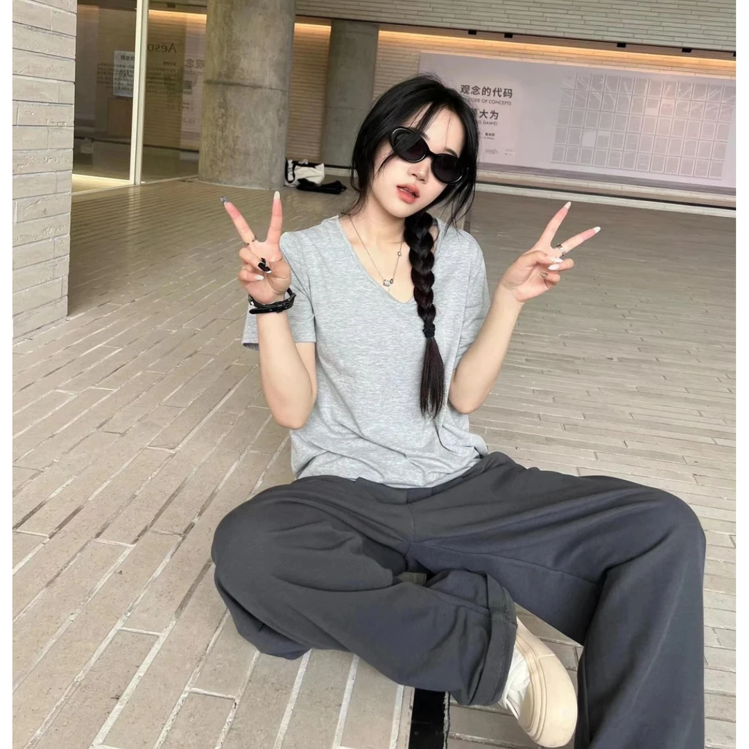 323款-到手1件大v领宽松慵懒感弹力短袖t恤女宽松体恤上衣