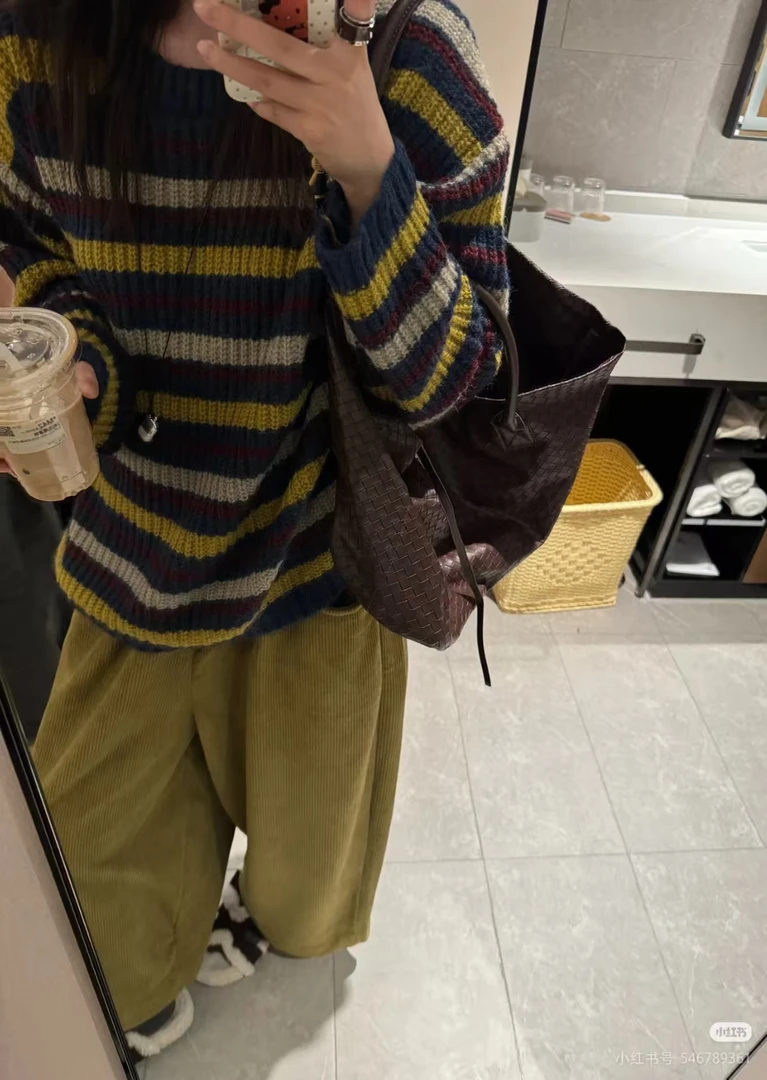 3930韩版圆领撞色条纹针织毛衣女2025秋冬季新款宽松软糯百搭上衣