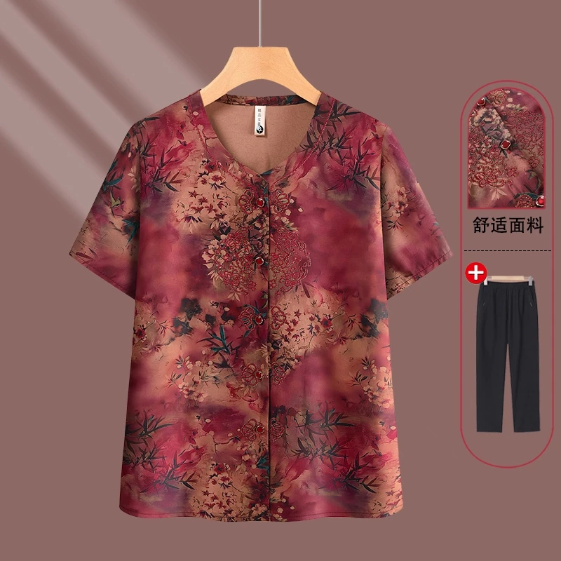 2025新款老年人短袖长袖T恤短袖印花宽松型妈妈装褶皱半袖奶奶装