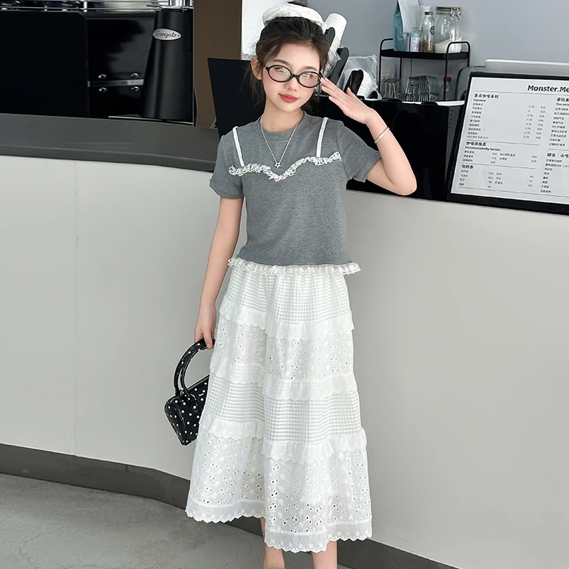 女童夏装半身长裙套装韩范洋气2025新款中大童假两件甜酷风潮女孩