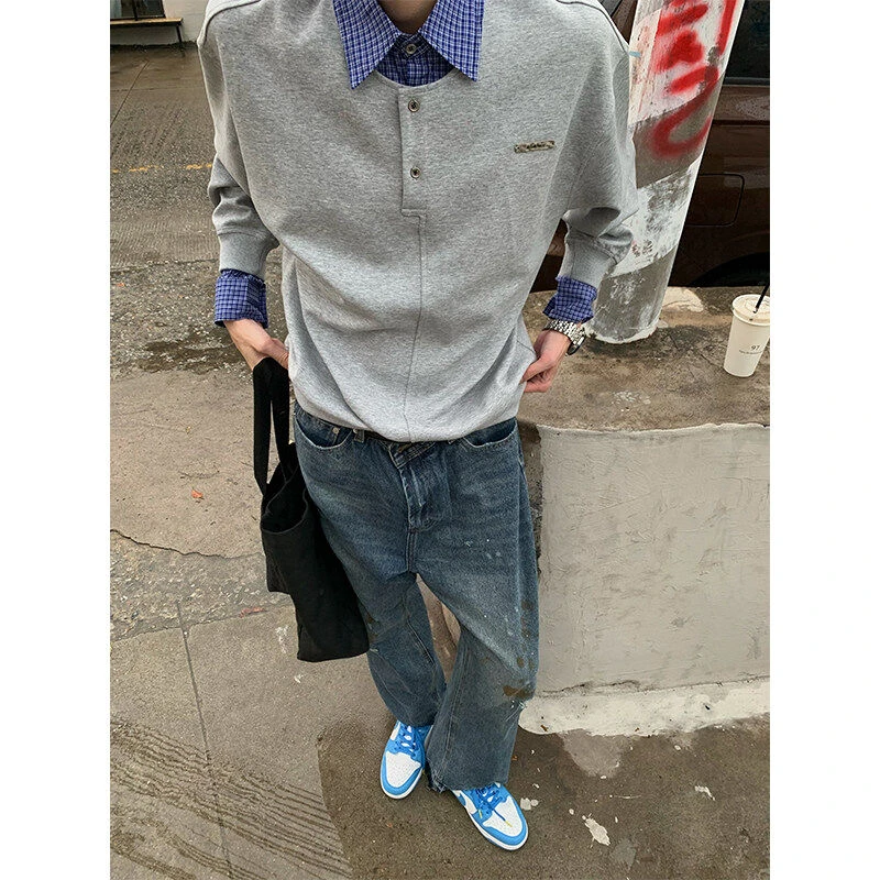 可乐自制少年感ins假两件拼接衬衫领polo衫小众设计长袖T