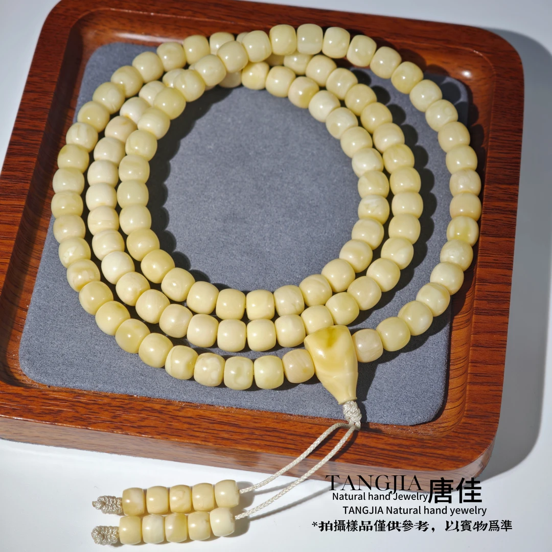【唐佳珠宝】琥珀蜜蜡8mm俄料浓腊奶白精工108老型手串
