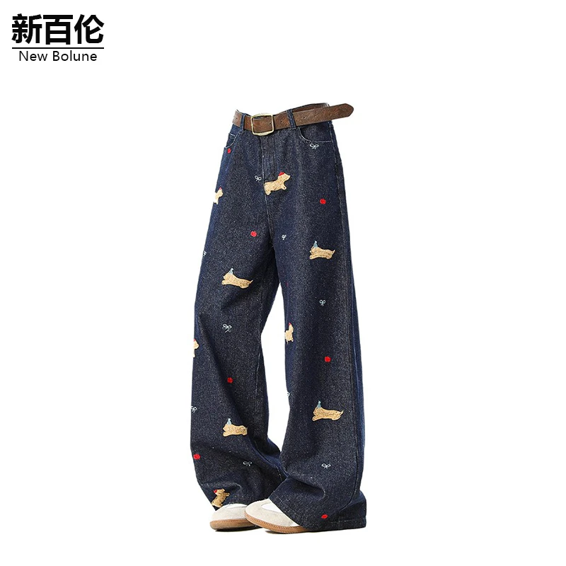 新百伦/NEW BOLUNE美式牛仔裤男阔腿痞帅复古小卡通狗刺绣拖地裤
