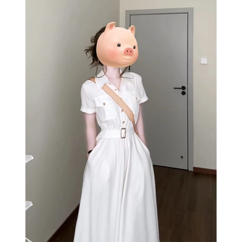 衬衫连衣裙女2025夏季新款韩系穿搭翻领设计感收腰中长款短袖裙子