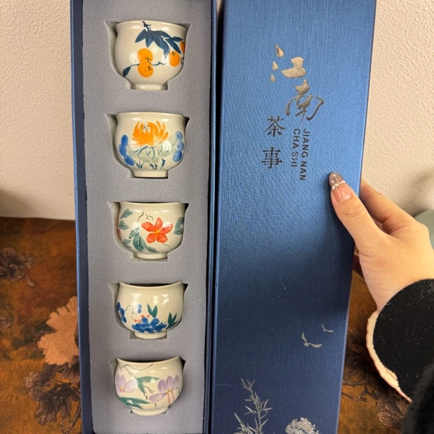 草木灰手绘大号主人杯套组五大花神系列高端茶杯（孤品）带礼盒
