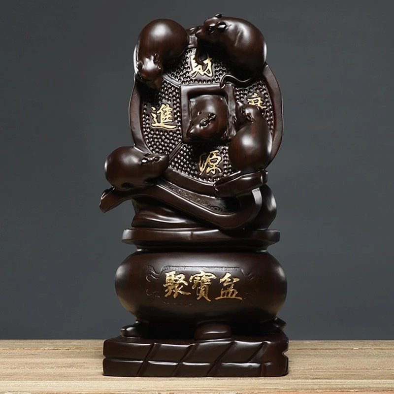 黑檀木雕五鼠运财老鼠摆件实木聚宝盆客厅风水装饰品乔迁新居礼品