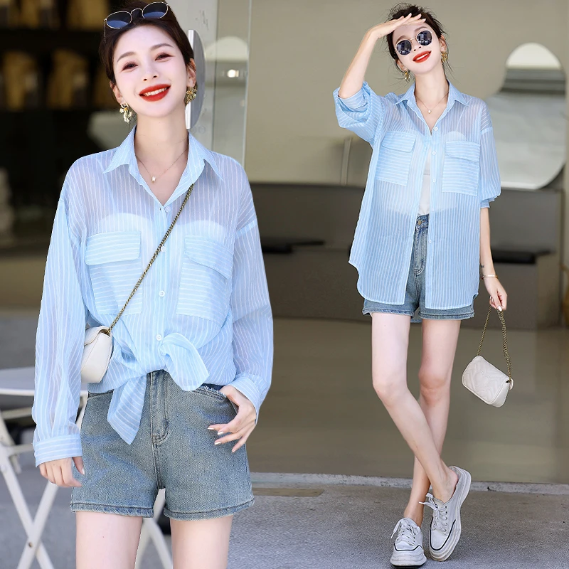 薄款条纹衬衣女春夏2025新款抗皱衬衫外搭中长款宽松长袖上衣