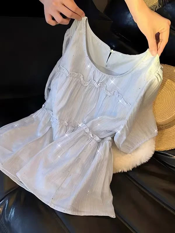 法式气质设计感镶钻荷叶边衬衫2025夏季新款宽松短袖套头气质上衣