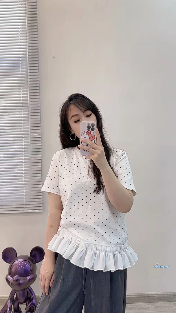 JOYER【满印爱心】韩系宽松时尚百搭拼接花边爱心印花圆领T恤