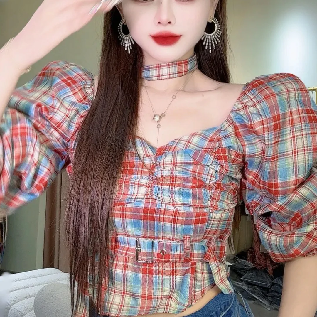 秋季短款方领格子衬衫女百搭气质显瘦洋气甜美上衣