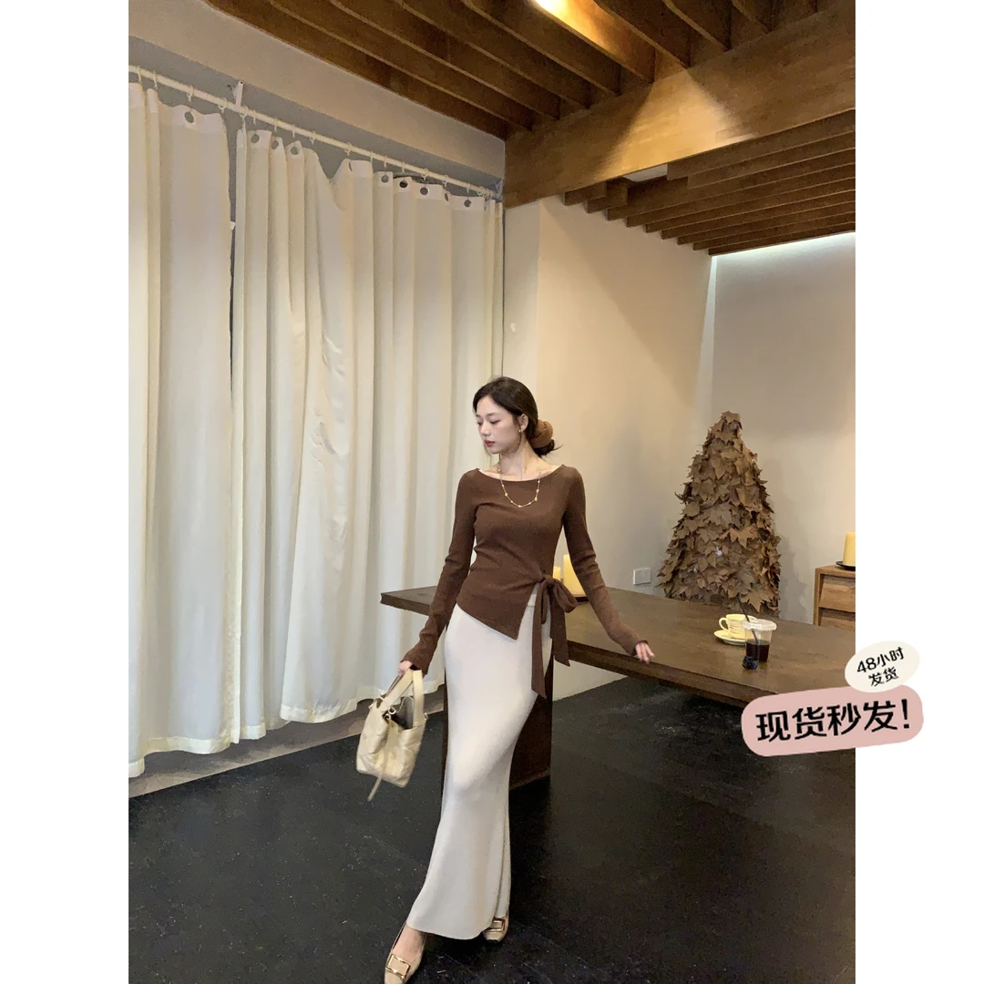 万万-清清【暮色轻柔】秋冬季慵懒风针织半裙修身显瘦长裙258M035