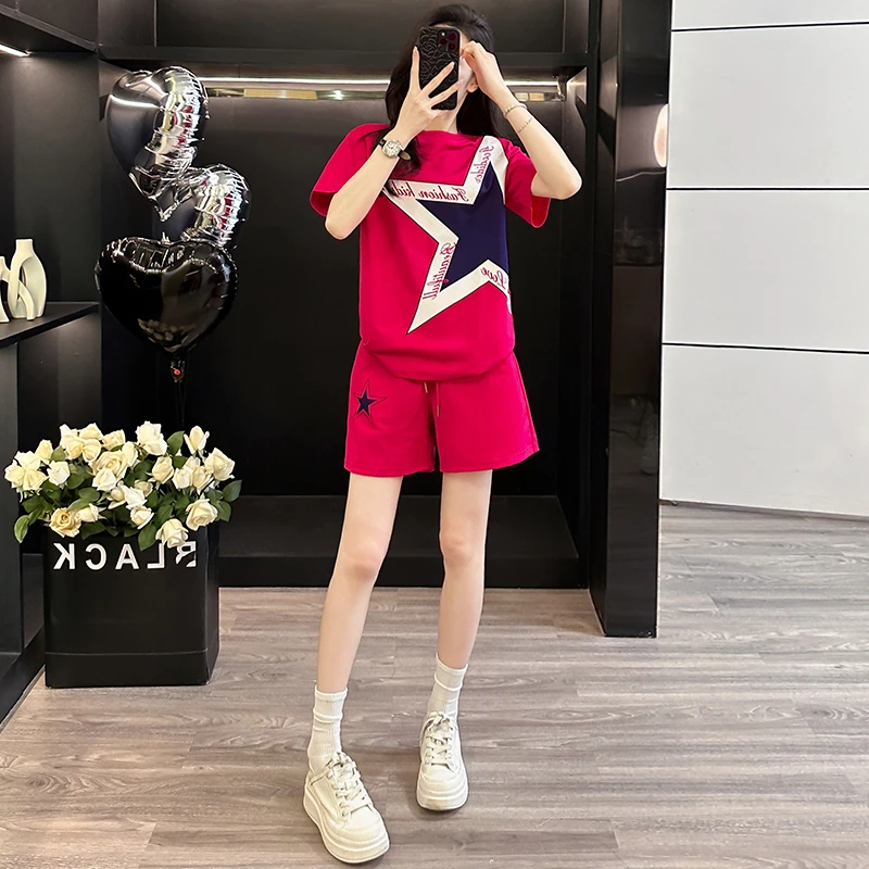港风时尚休闲运动套装女2025夏洋气炸街玫红色短袖T恤短裤两件套