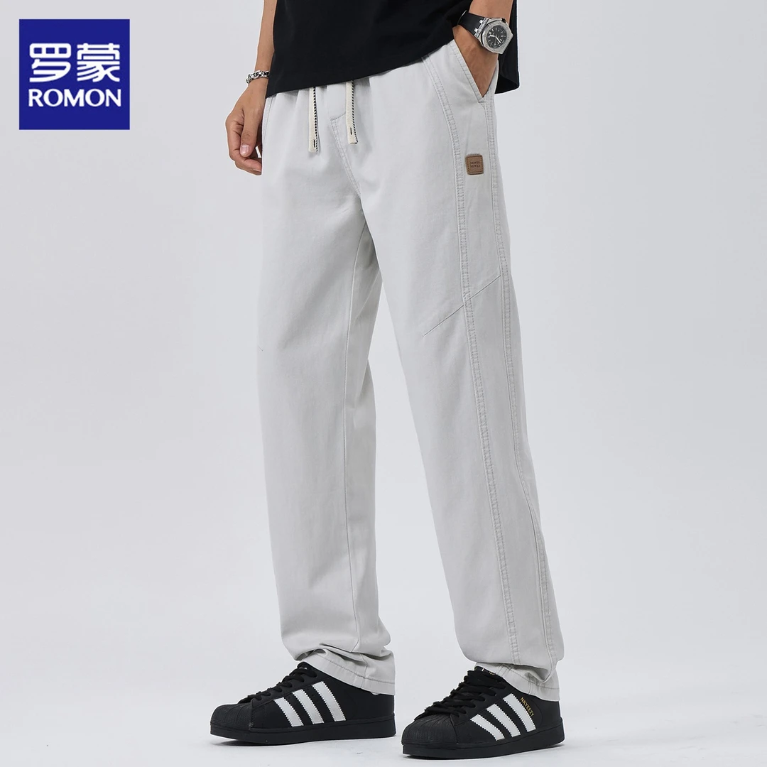 罗蒙男士纯棉休闲裤秋季新款潮流美式宽松直筒运动工装长裤男裤