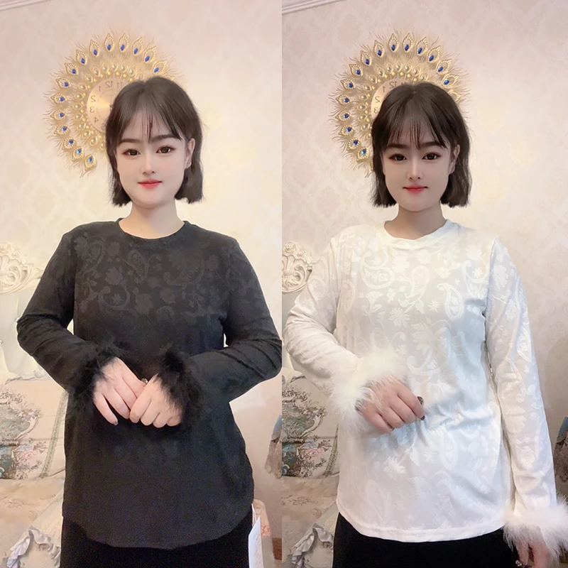 大聪毛毛袖边打底衫胖妹妹圆领套头修身显瘦200小衫上衣1216