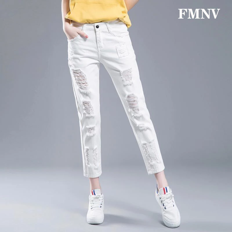 白色裤子破洞牛仔裤女士哈伦裤高腰秋季新款九分胖mm显瘦女款裤子