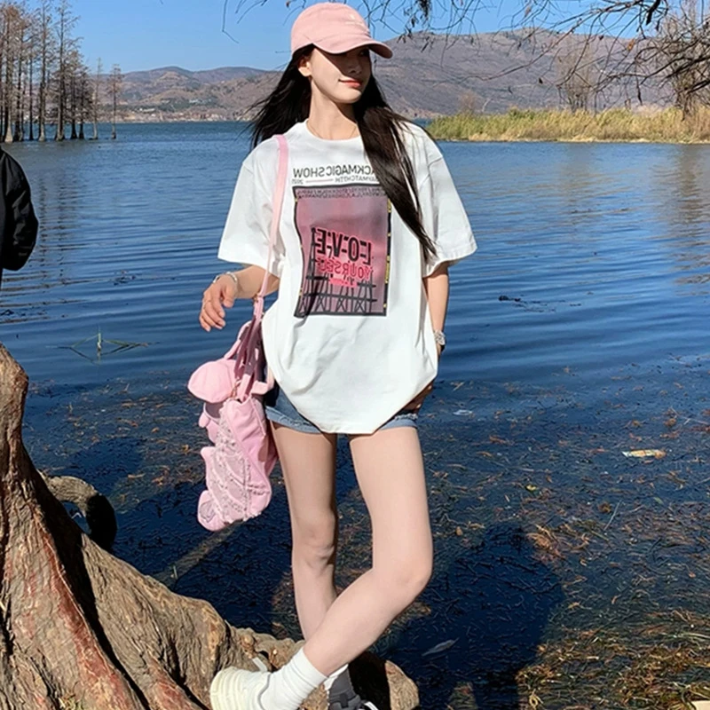 美式复古白色时尚短袖t恤女2025显瘦宽松百搭中长款纯棉上衣夏季