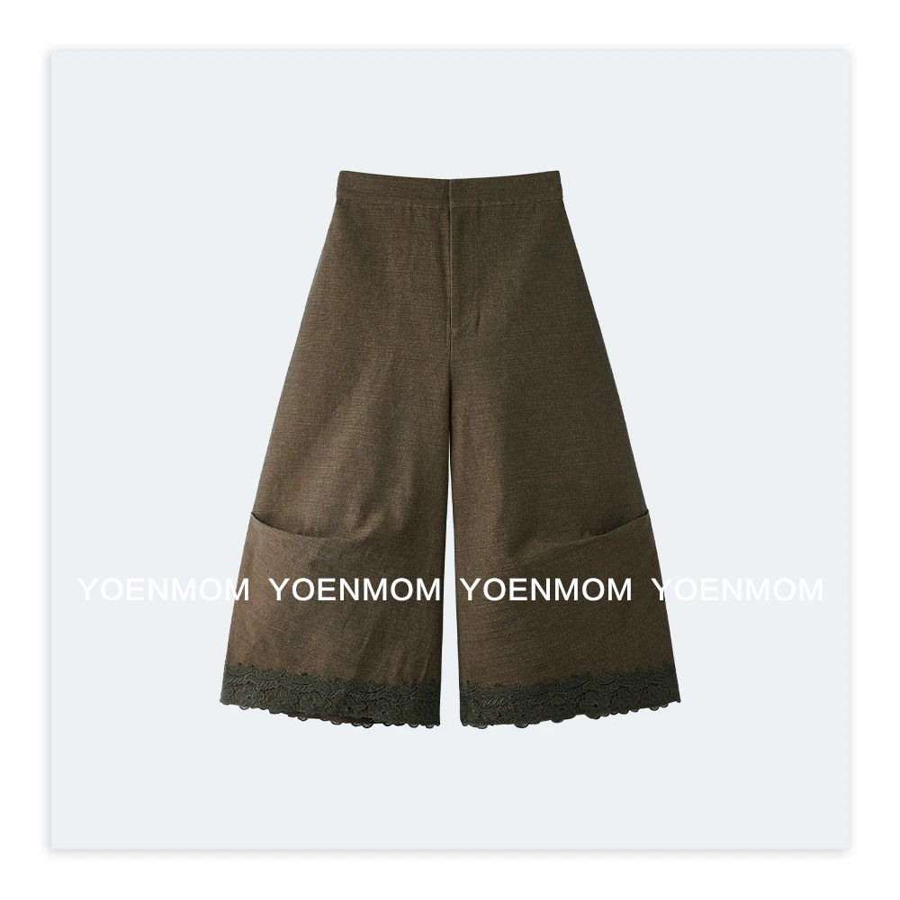 YOENMOM·幻咖·100高密色织棉小众设计师款立裁茧型蕾丝花边阔腿裤