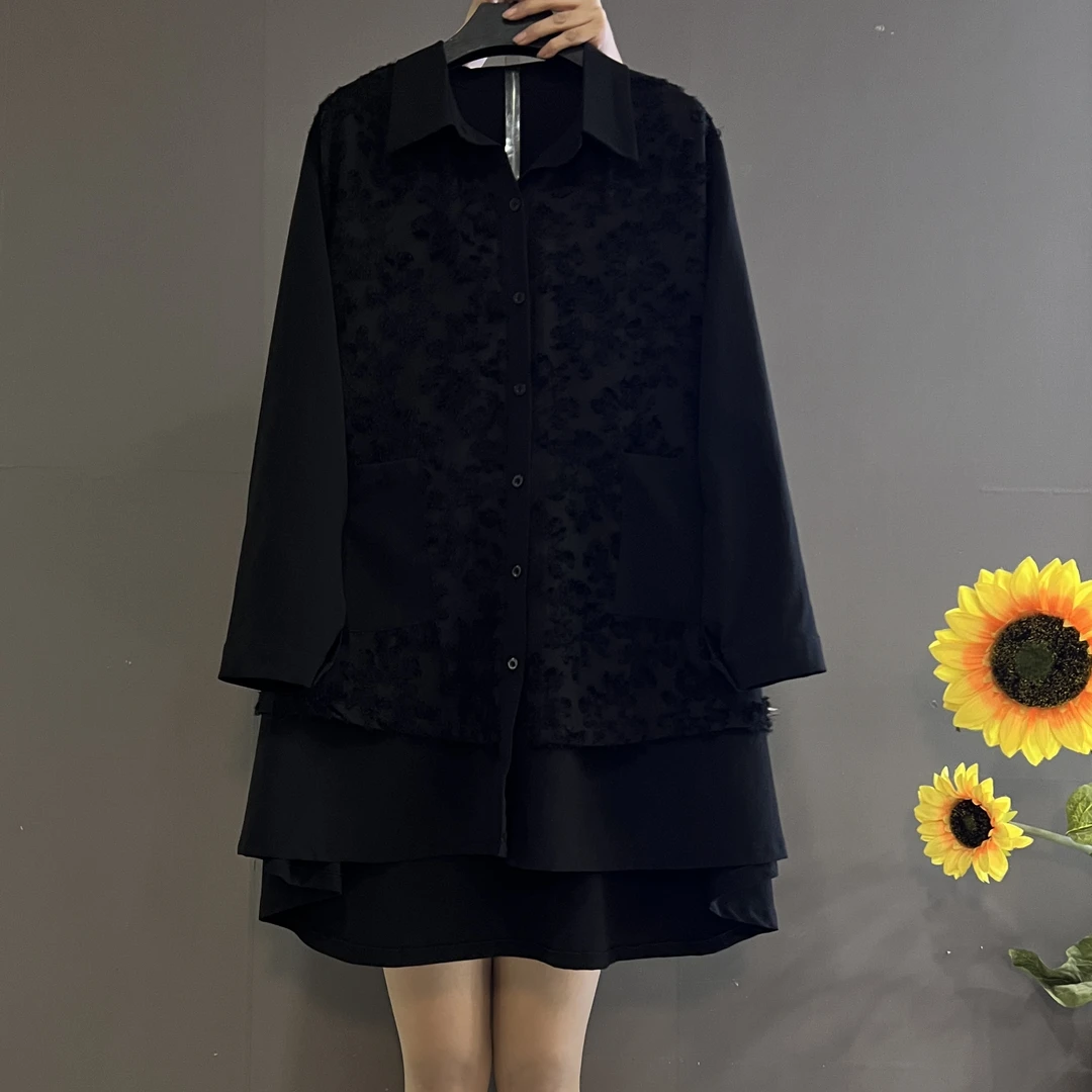 新款时尚百搭休闲重工拼接假两件宽松遮肚显瘦国风大衫裙