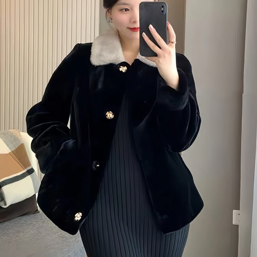 新9002秋冬翻领常规款短款短外套宽松开衫厚款毛绒上衣时尚百搭