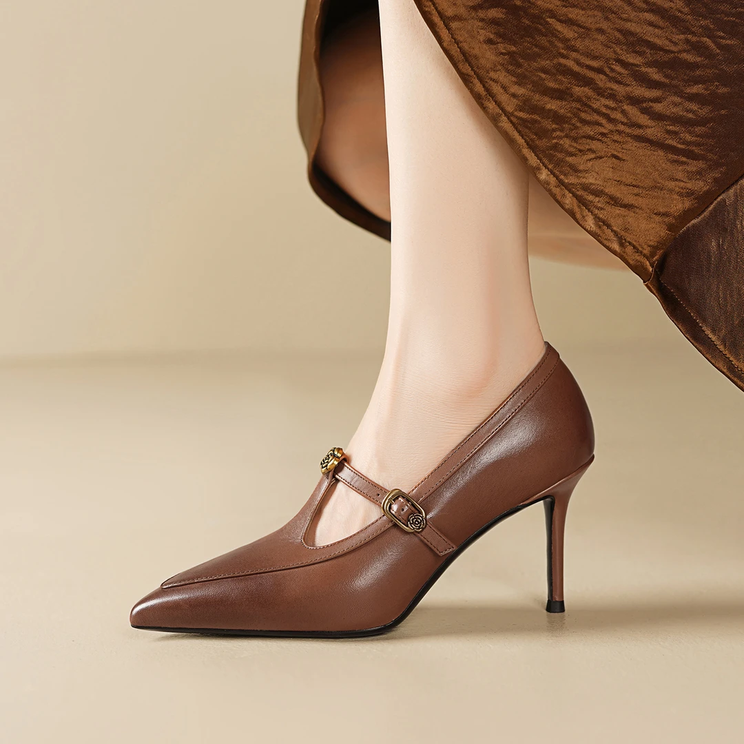 高跟鞋8CM法式小众气质单鞋2025秋季新款尖头细跟丁字带浅口皮鞋