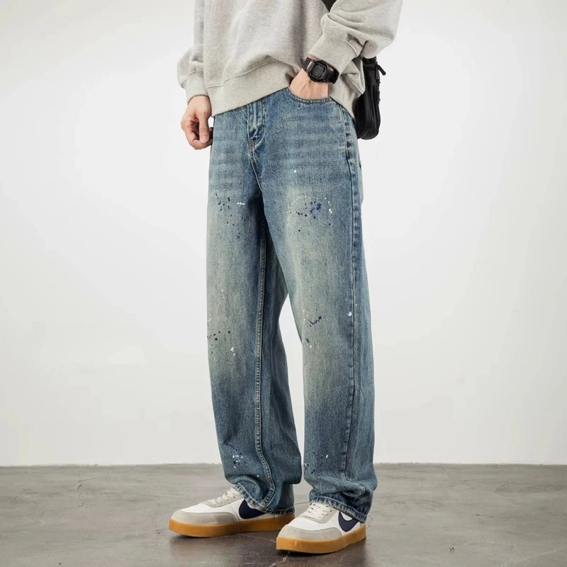 大码男装泼漆牛仔裤男潮牌宽松直筒美式休闲浅色水洗阔腿裤子新款