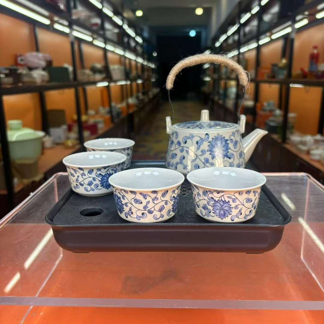 秋香茶具 草木灰缠枝莲提梁壶一壶四杯小套装（无礼盒）-2437