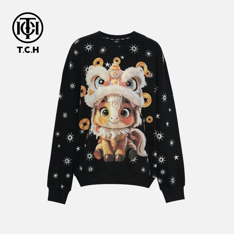 TCH私服秋季氛围感烫钻时尚卡通圆领长袖T恤女T75C11E9011私服tch