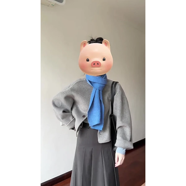 高级感灰色呢子大衣秋冬新款毛呢外套韩系慵懒风短款上衣裙子套装