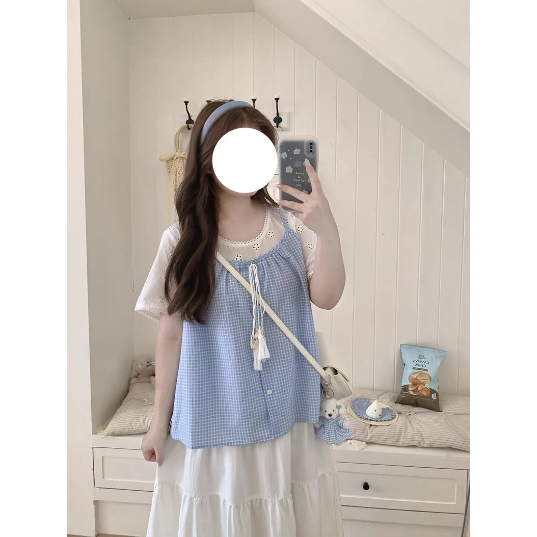 韩系少女感格子吊带背心蕾丝边假两件上衣女清新小衫娃娃衫8281