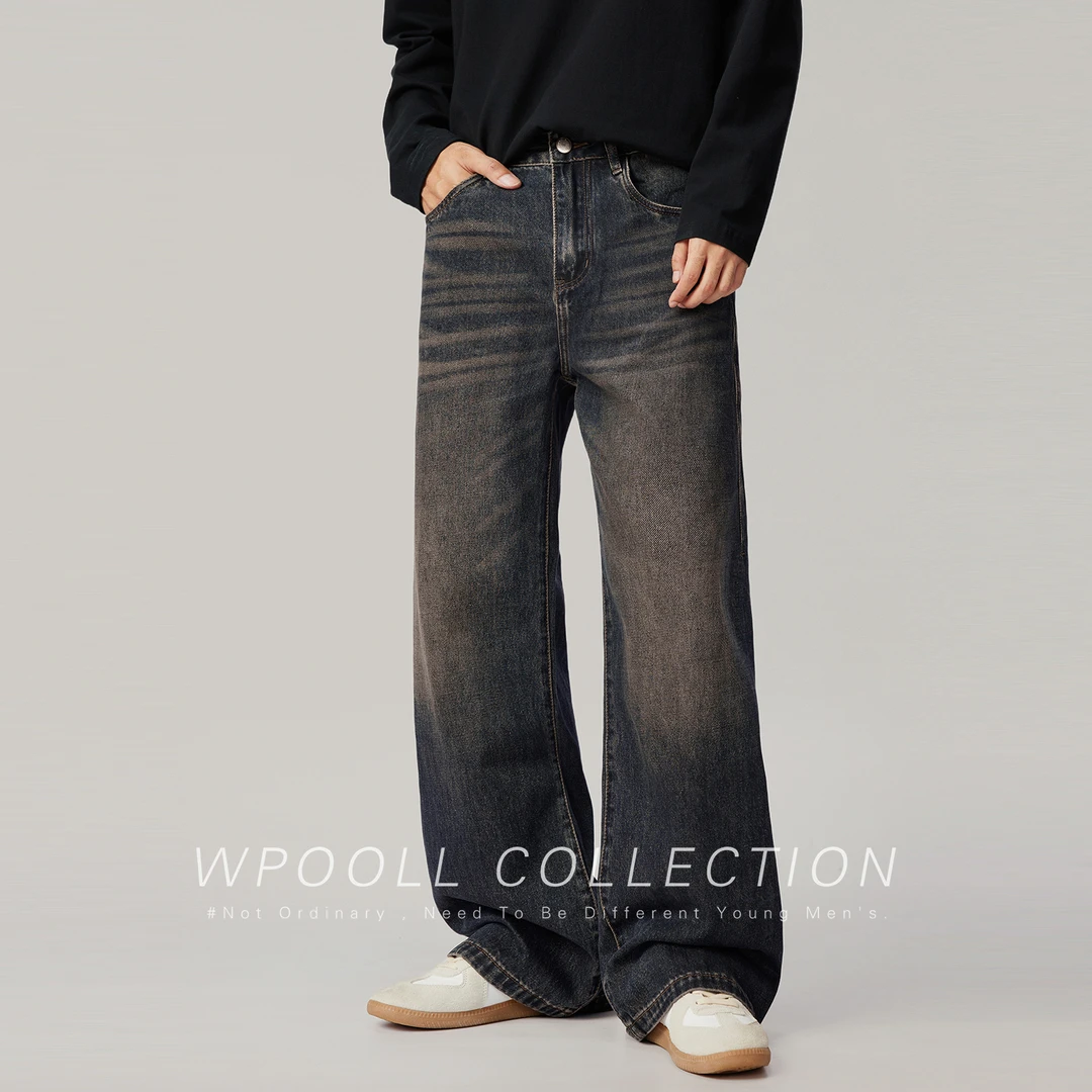 Wpooll美式高街复古2025秋季水洗牛仔裤男cleanfit宽松直筒长裤子