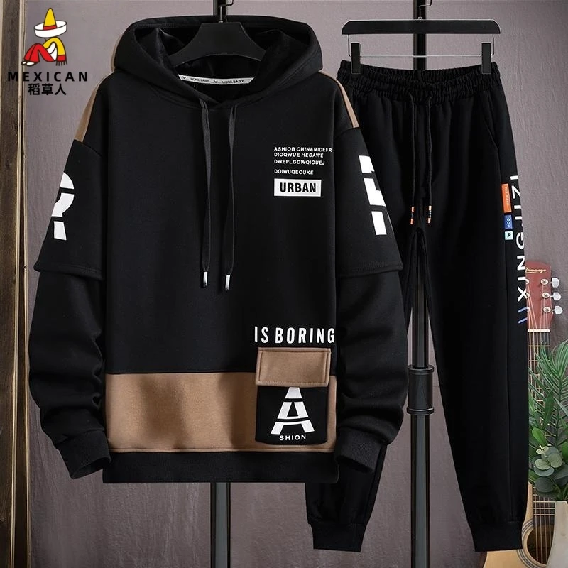 稻草人宽松潮流休闲运动套装青少年春秋季韩版帅气连帽卫衣两件套