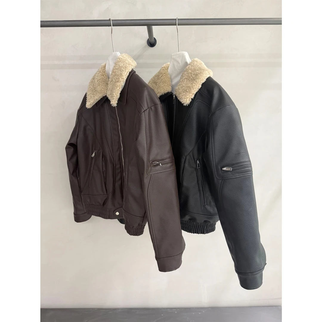 MaxDstr 可拆卸毛领拼接座山雕解构拼接皮衣棉服棉衣男女加厚外套