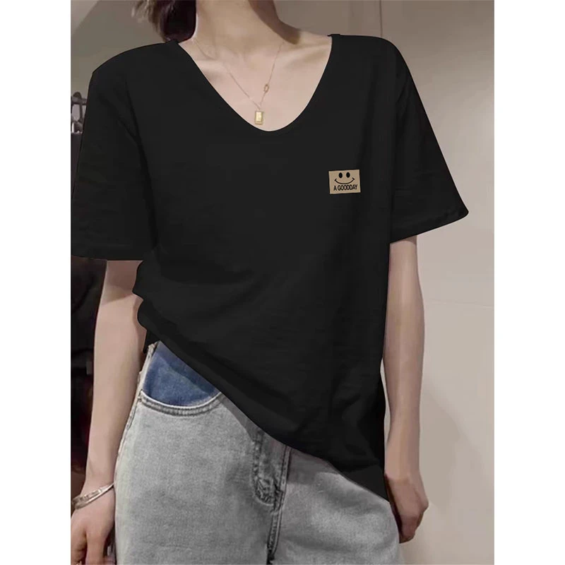 2025新款正肩竹节棉V领短袖t恤女休闲时尚百搭减龄打底衫上衣夏季