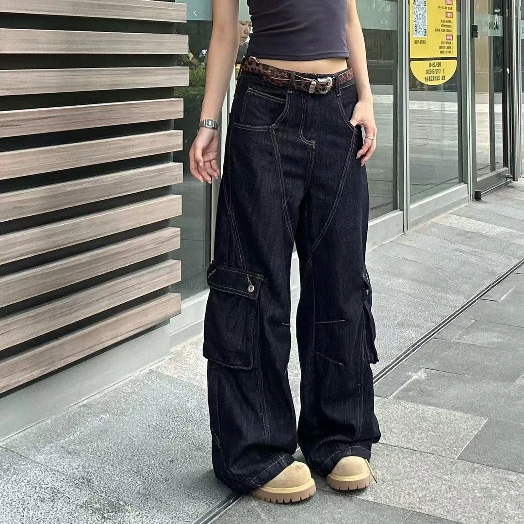 Pp【明线牛仔】新款美式工装裤阔腿宽松显瘦拖地牛仔裤K25107