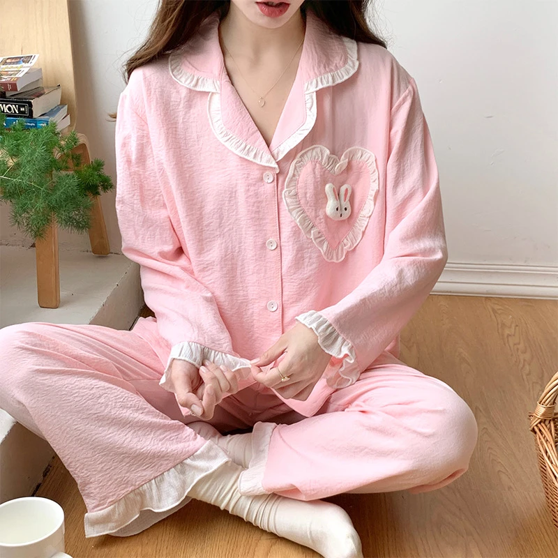 纯色薄款秋季长袖睡衣家居服套装大码夏季透气宽松