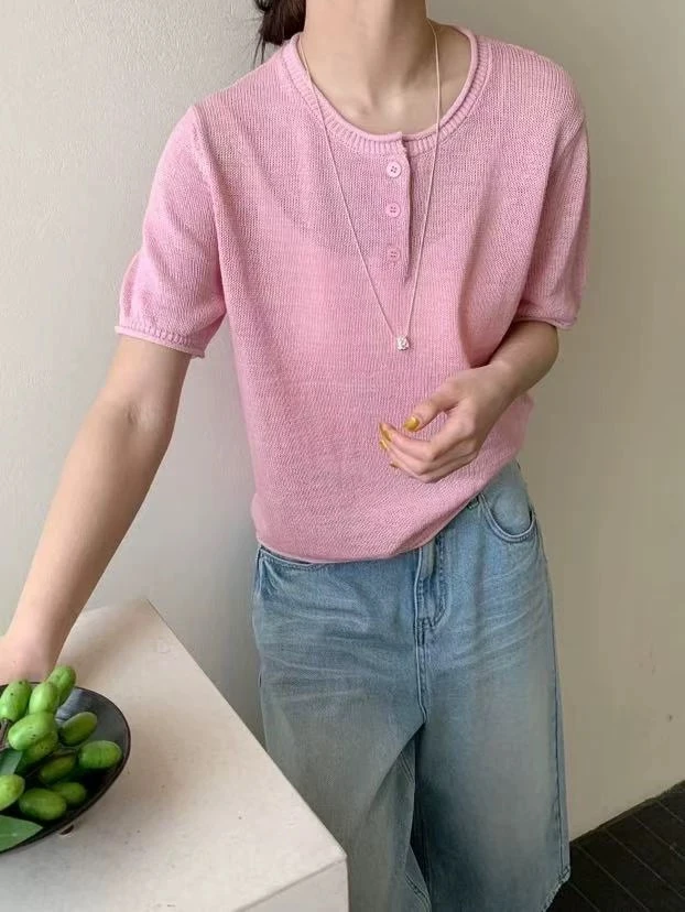 夏季插肩袖短袖显瘦中袖圆领百搭毛针织衫女装常规