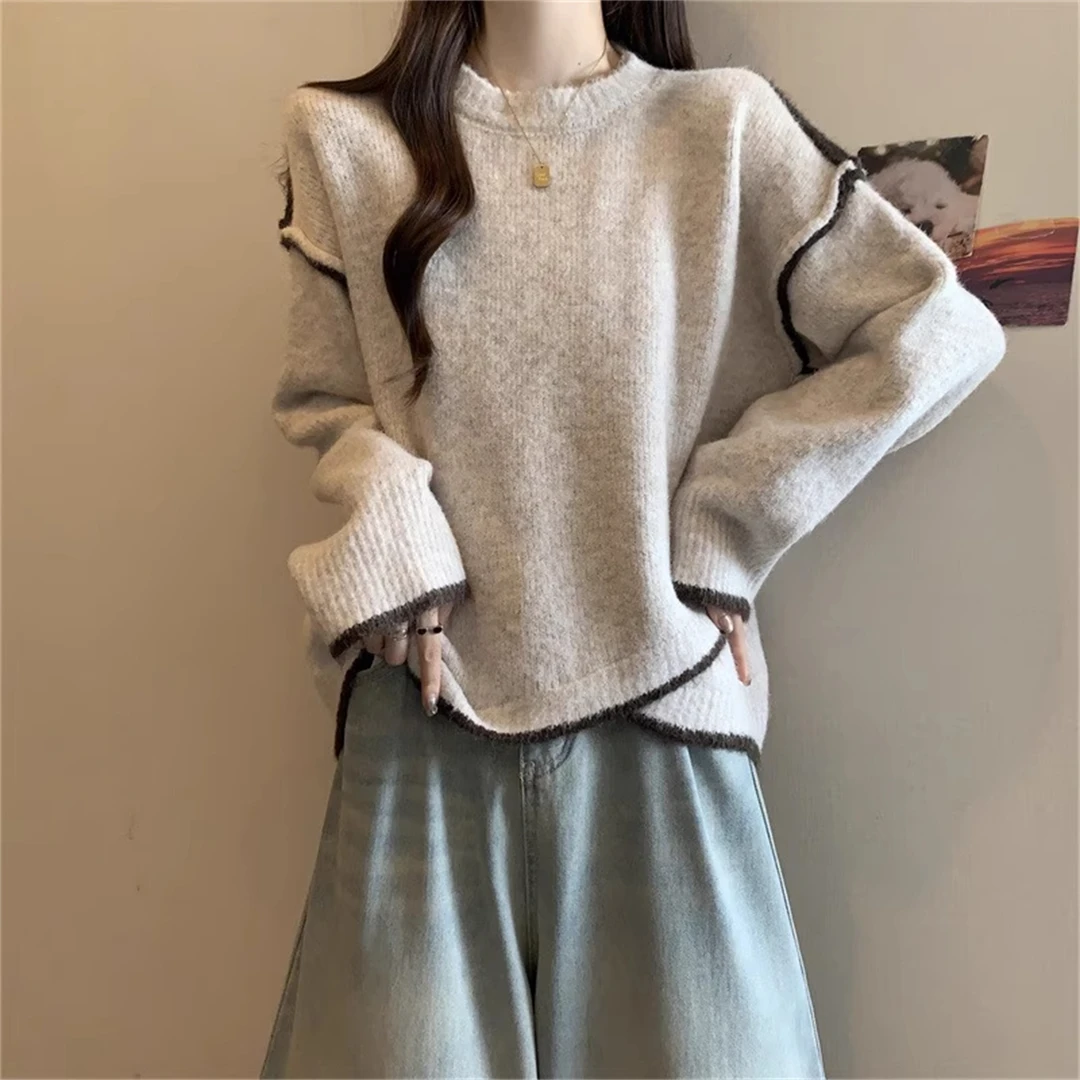 大码胖MM撞色圆领毛衣女秋季新款设计感不规则宽松遮肚针织打底衫