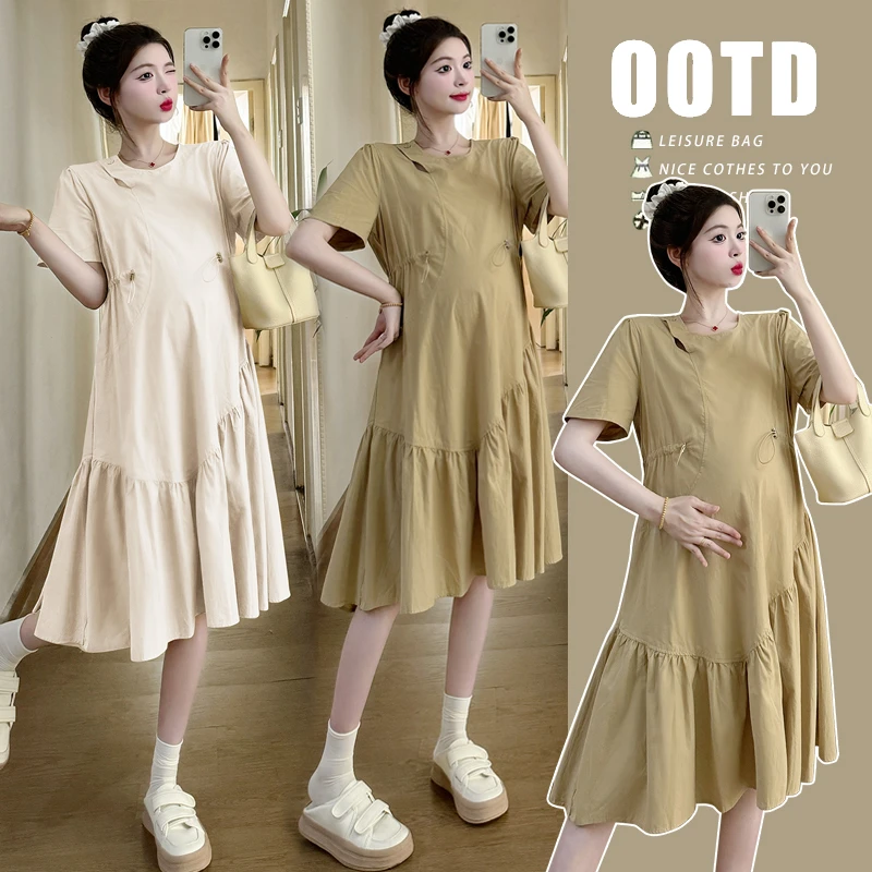 孕妇装夏季新款法式气质简约休闲连衣裙宽松型圆领短袖中长裙子
