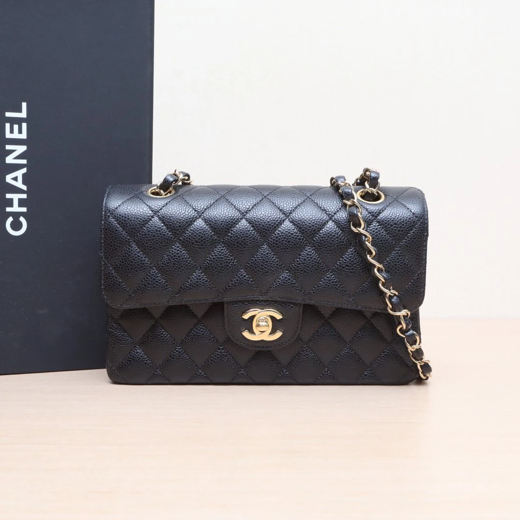 99新 Chanel/香奈儿 小花6枫 CF 口盖包 小号 黑色 31开 金扣