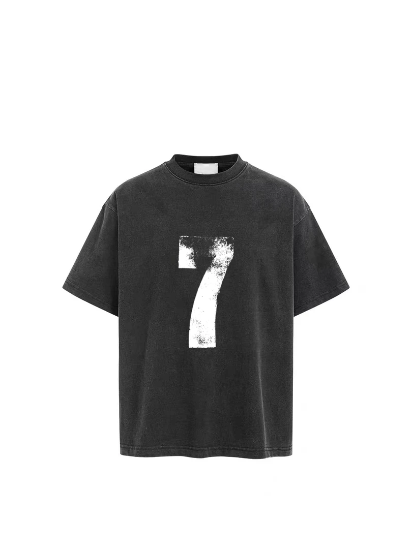 【短袖-数字7】oversize洗水做旧宽松纯棉打底潮牌短袖T恤直喷