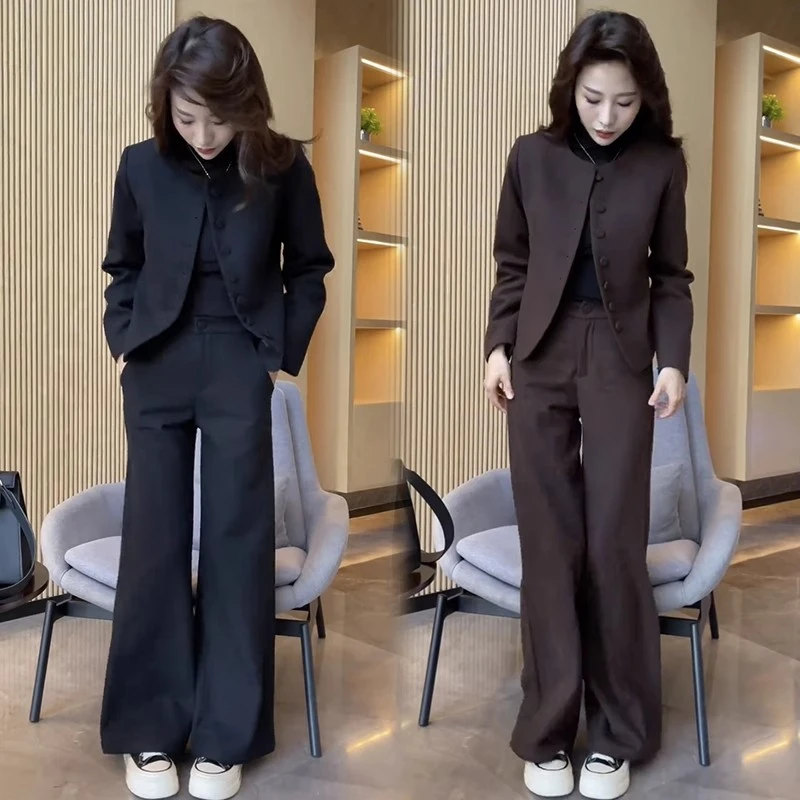 大码高级感休闲西服套装女2025秋冬时尚显瘦胖mm外套阔腿裤两件套