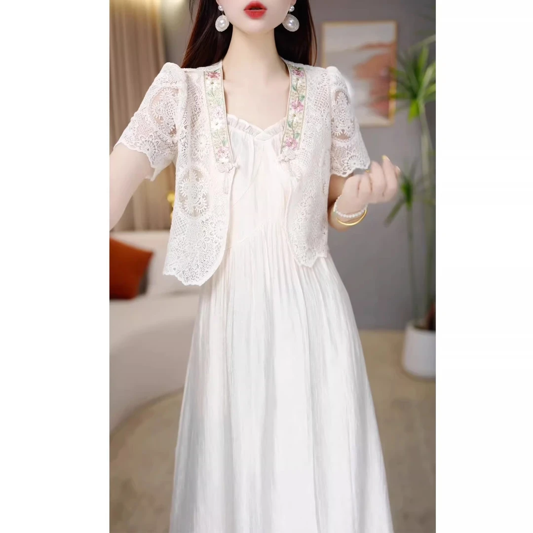 2026夏季新款时尚休闲套装裙女气质蕾丝拼接盘扣开衫吊带裙两件套