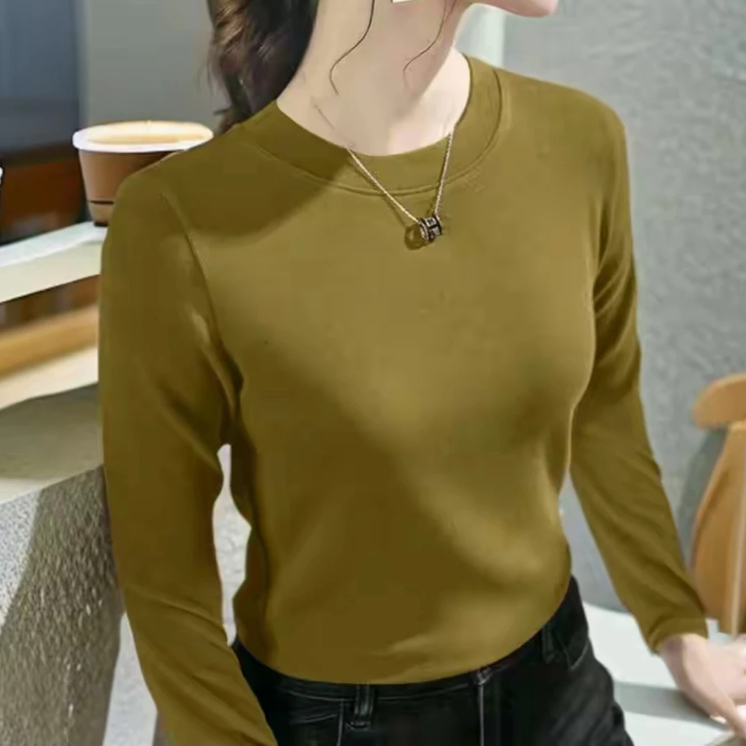 双面德绒圆领打底衫女春秋新款休闲百搭休闲保暖长袖中年人上衣