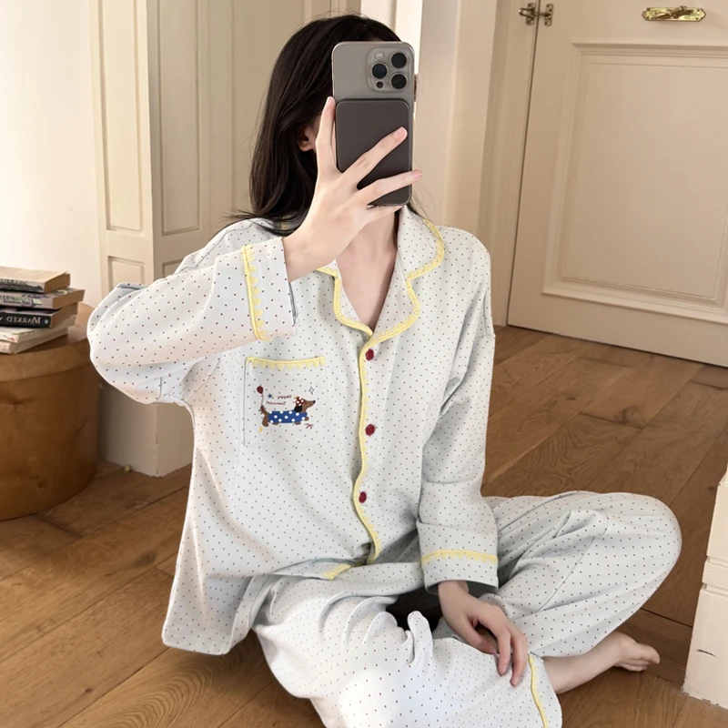 睡衣女春秋季ins可爱波点腊肠狗网红爆款仿棉长袖长裤家居服套装