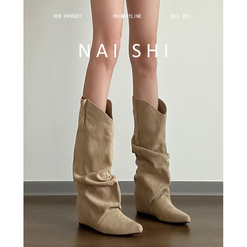 羊皮版！棕色西部牛仔靴百搭废土风堆堆靴女内增高显瘦复古长靴