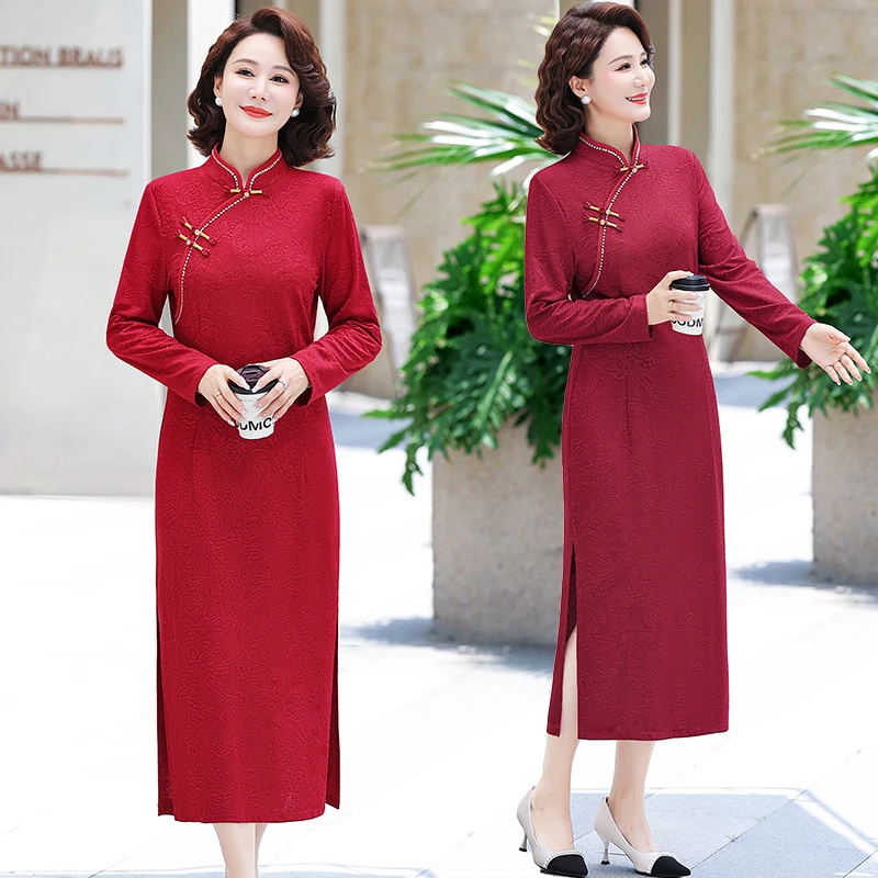 中长款大码婚宴礼服洋气妈妈装秋季长袖裙子时尚中年女装旗袍