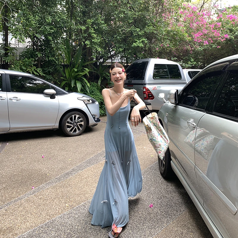 【双子星】海岛碎片多穿法蓝色蝴蝶结吊带连衣裙4228